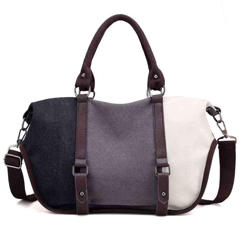 Stitching Hit Color Ladies Simple Big Bag 2019 New Canvas Female Bag Handbag Shoulder Bag Messenger Bag