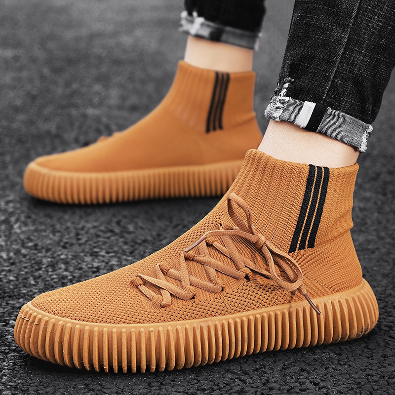 Mesh Breathable Casual Sneakers Lace-up Flying Woven High-top Slip-on Socks Shoes Men's Autumn New Trendy Shoes Men's Shoes