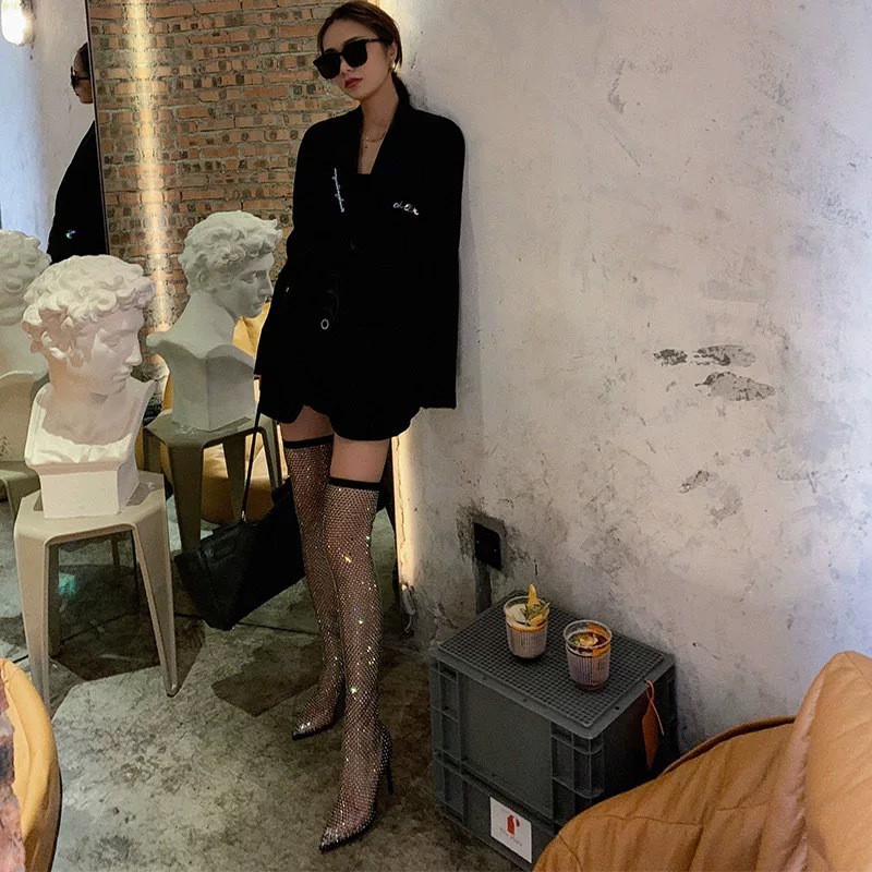 2022 Kardashian With The Same Cool Boots High Heel Stiletto Back Zipper Rubber Sole High Tube Over The Knee Rhinestone Mesh High Heels
