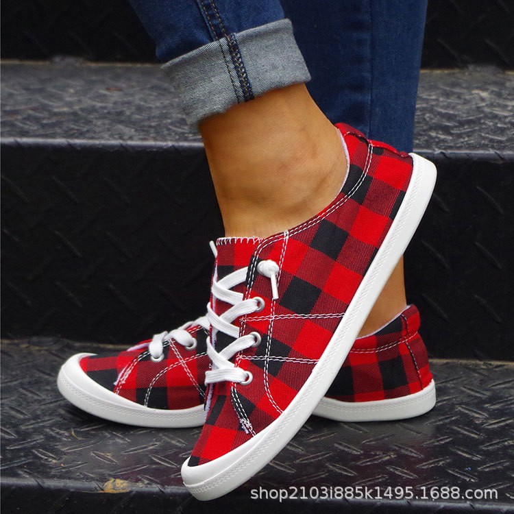 Christmas Women's Cloth Shoes  Large Size Casual Fashion Big Red Grid Women's Shoes