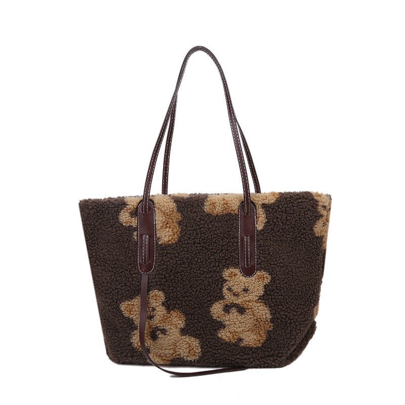Women Cute Bear Plush Shoulder Bag Large Tote Handbag Purse
