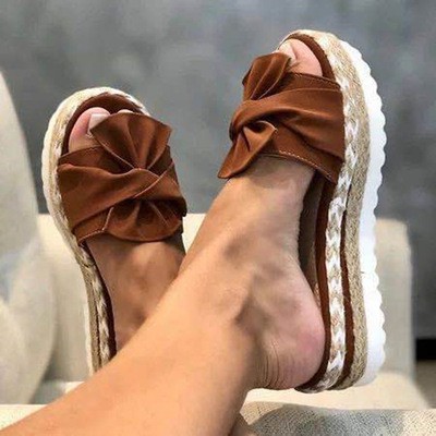 Foreign Trade Women's Shoes Flat Heel Thick Bottom Hemp Rope Large Size Women's Drag 2021 Summer European And American New Style Fish Mouth Bow Flower Slippers