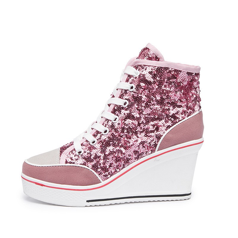 2022 New Korean Version 8cm Heightened Canvas Shoes Wedge Shoes Sequined Straps Platform Bottom Casual Thick-soled High-top Shoes