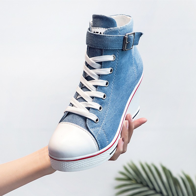 2022 New Spring And Autumn Side Zipper 8 Cm Heightened Thick Bottom Wedge High Top Canvas Shoes Women's Muffin Heel Casual Shoes