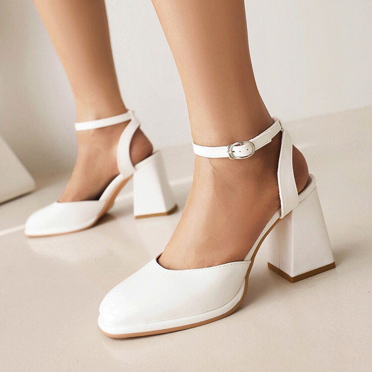 Summer Buckle Strap Baotou Thick Heel Patent Leather Roman Shoes High Heel Sandals Women's White Rose Red Shoes Large Size Shoes WMH