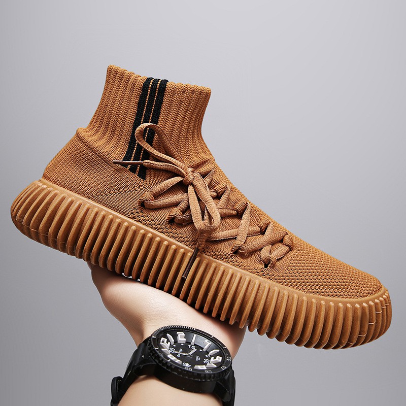 Mesh Breathable Casual Sneakers Lace-up Flying Woven High-top Slip-on Socks Shoes Men's Autumn New Trendy Shoes Men's Shoes