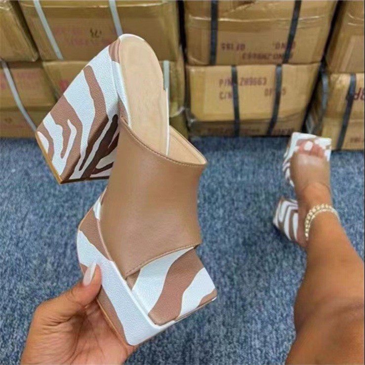 2022 Autumn Cross-border Large-size Sandals Women's High-heeled Fashion Print Square Root Open-toed Sandals AliExpress New Women's Shoes