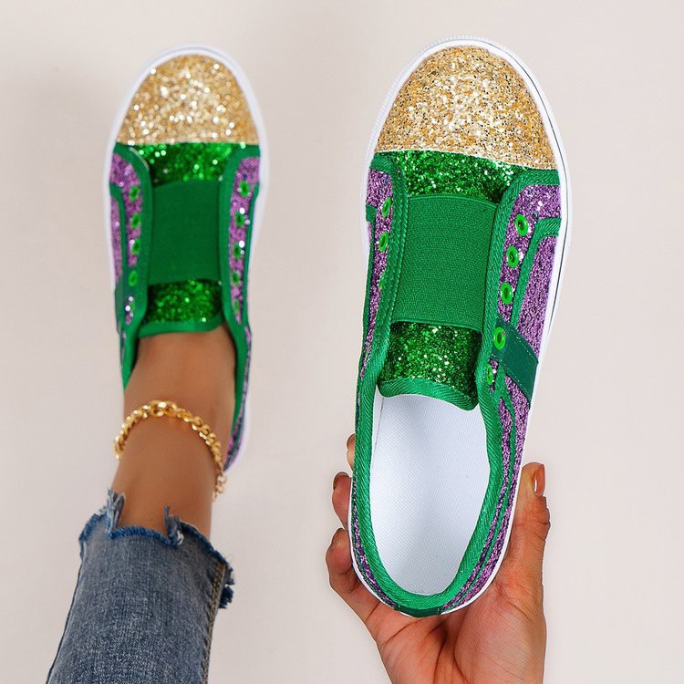 Summer New Casual Flat Heel Low Top Without Shoelaces Color Matching Round Toe Sequined Canvas Single Shoes Women