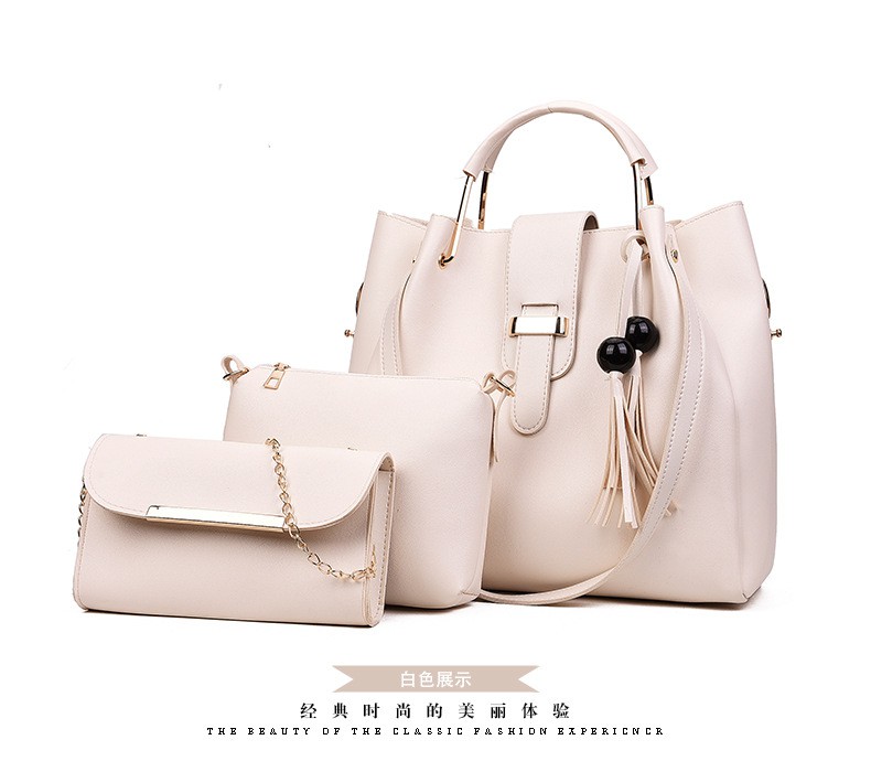 Cross-border New Women's Bags Solid Color Fashion Beads Tassel Mother Bag Three-piece Set European And American Style Shoulder Bag Manufacturers Wholesale
