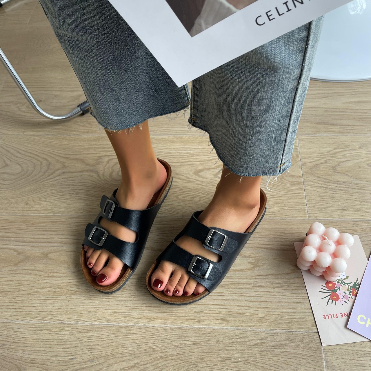 Summer Korean Version One Word Plus Size 2022 Summer Outer Size Cork Slippers Women's Shoes Beach Slippers Couple Shoes