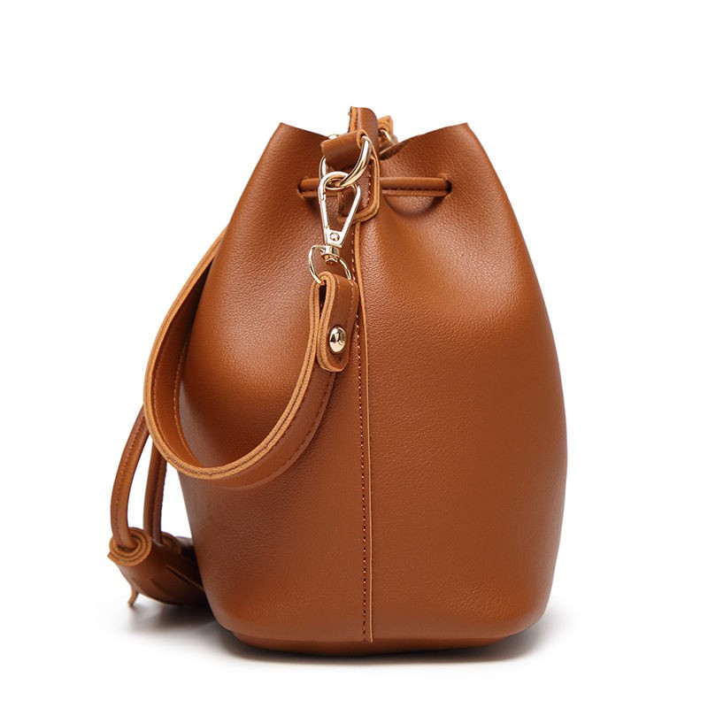 Vintage Fashion Small Women Leather Bucket Bag Handbag Tassel Drawstring Shoulder Bag