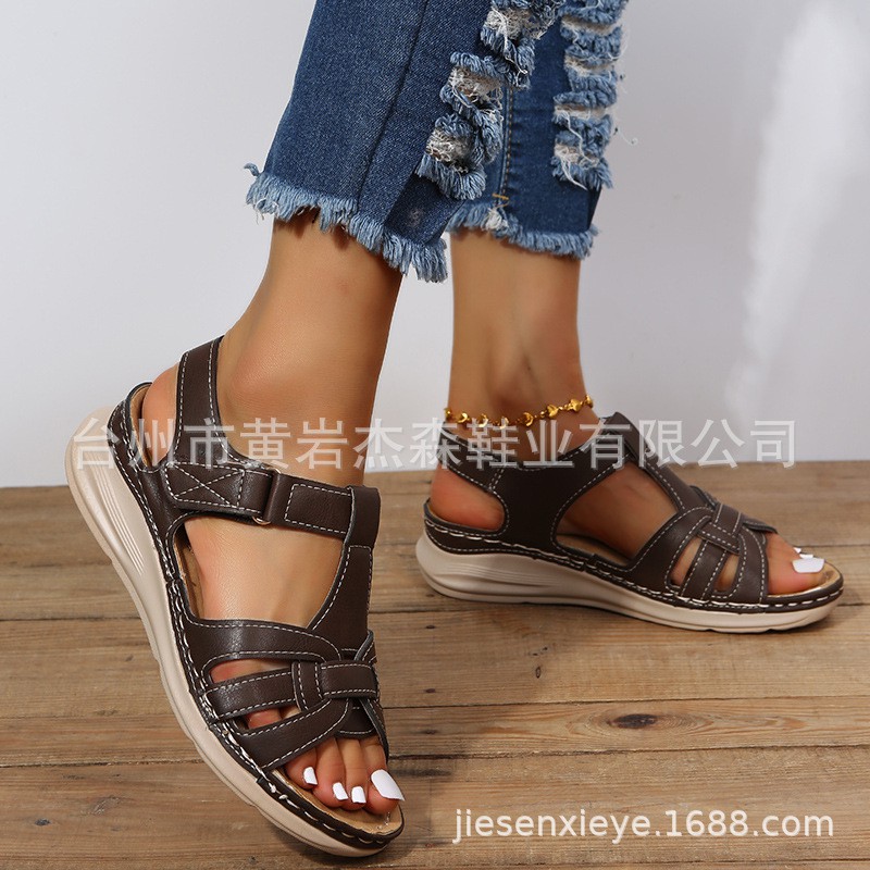 New Cross-border Special For 2022 Amazon 43 Plus Size Women's Shoes Hollow Wedge With Velcro Platform Sandals Women