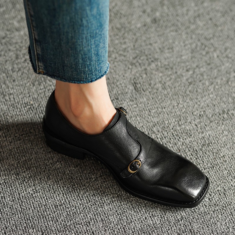 Spring And Autumn Retro Chunky Heel Loafers Square Toe Deep Mouth Mid-heel Single Shoes 34 BLACK (PHOTOGRAPHED BY GAO SHEN ON THE INSTEP) 