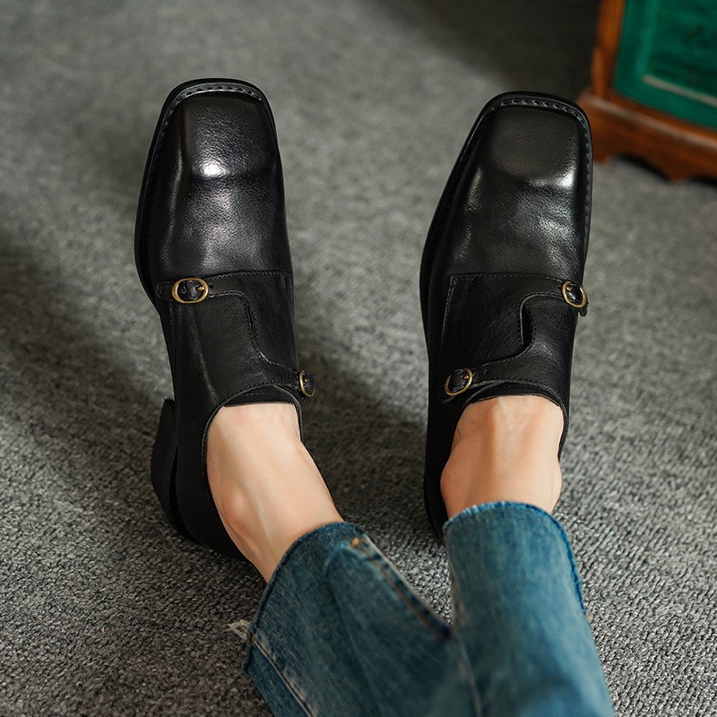 Spring And Autumn Retro Chunky Heel Loafers Square Toe Deep Mouth Mid-heel Single Shoes