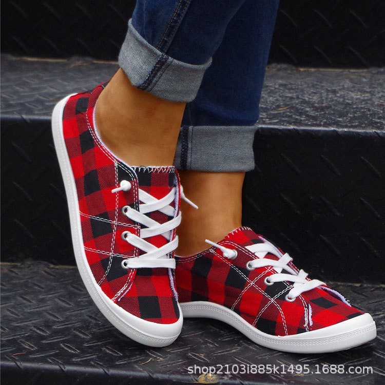 Christmas Women's Cloth Shoes  Large Size Casual Fashion Big Red Grid Women's Shoes