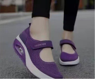 Cross-border Large Size Single Shoes Women's 2021 New Air Cushion Low-top Velcro Shallow Mouth Single Shoes Solid Color Mesh Women's Shoes Wish