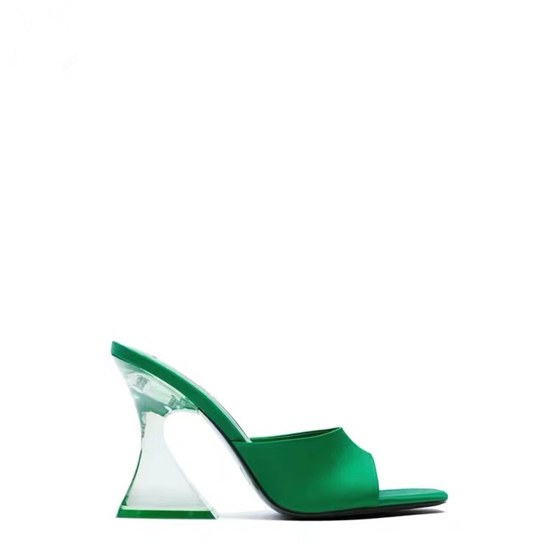 ZA New Women's Shoes Green Plastic Shoes Transparent Heel Fashion High-heeled Sandals Satin Fabric Word Sandals And Slippers Women