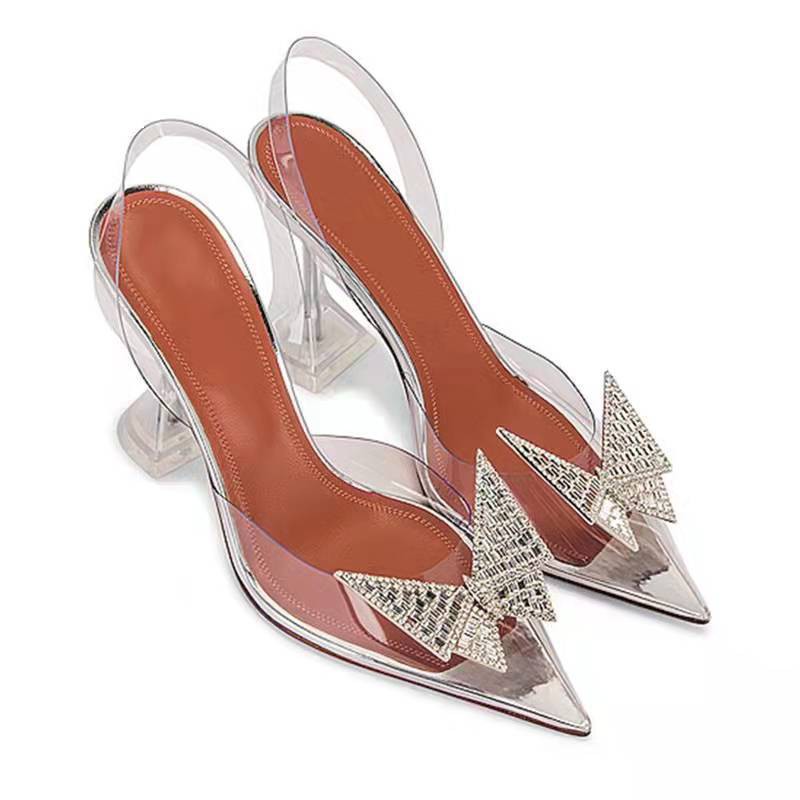 Rhinestone Bow 2022 New Transparent Baotou Stiletto Sandals Women's Word Buckle Ladies Women's Shoes Trendy Sandals And Slippers
