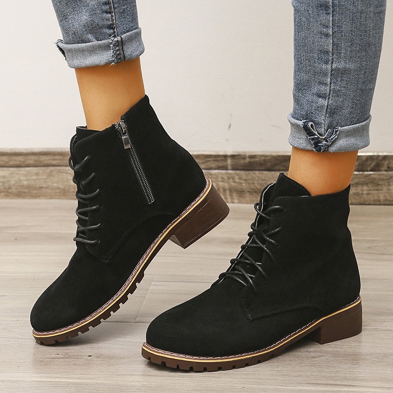 British Style Martin Boots Women's Round-toe Locomotive Side Zipper Lace-up Mid-tube Short Boots Autumn And Winter Leisure Plus Size Short Boots Women