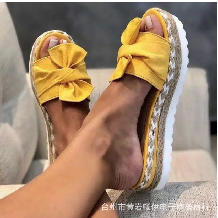 Foreign Trade Women's Shoes Flat Heel Thick Bottom Hemp Rope Large Size Women's Drag 2021 Summer European And American New Style Fish Mouth Bow Flower Slippers