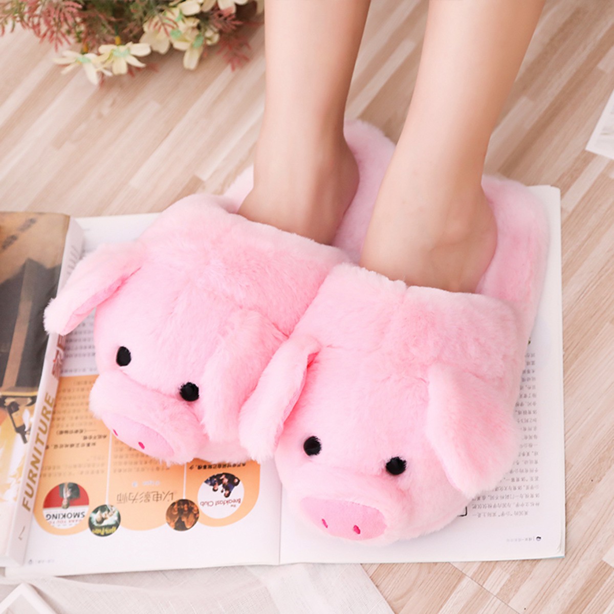 Cute Pink Doodle Pink Pig Slippers Home Indoor Pig Soft Girly Heart Cotton Drag Pig Warm Shoes