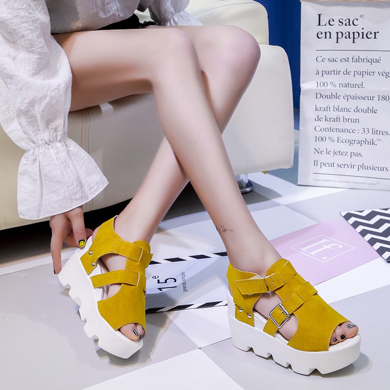 Wish Aliexpress Ebay Amazon Hot Summer Wedge Hollow Breathable Fish Mouth Sandals Muffin Platform Women's Shoes