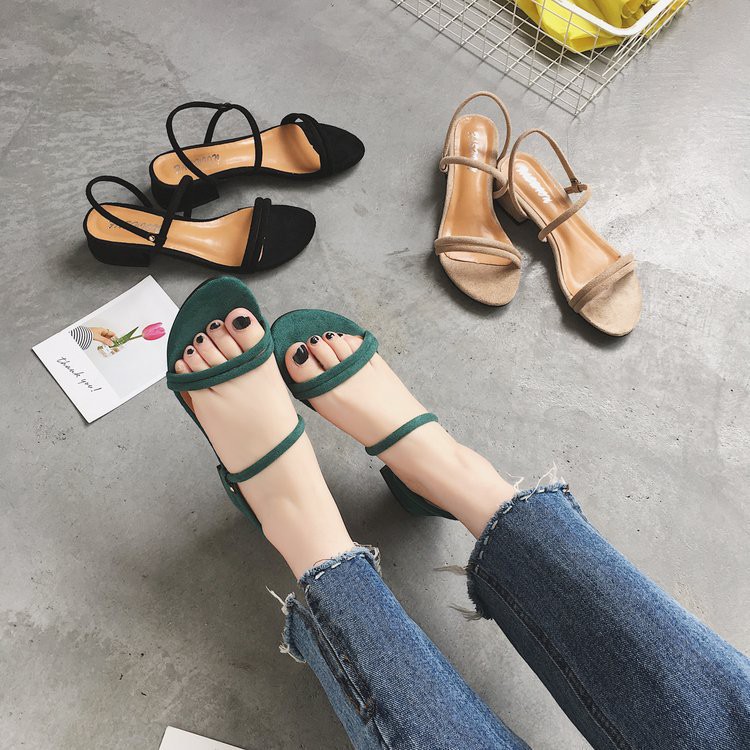 2021 Summer New Korean Version Thin Strap Mid-heel Square-heel Sandals Comfortable And Versatile Student One-word Buckle Strap Women's Sandals Wholesale