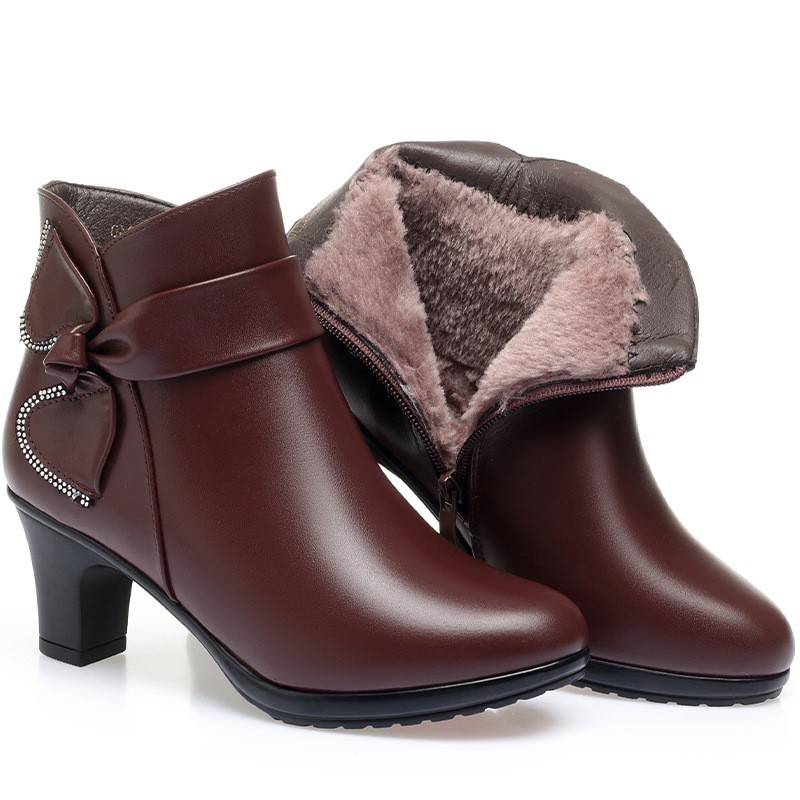 Mother's Shoes Autumn And Winter Soft Leather Cotton Shoes 2021 New Short Boots Thick Heel Plus Velvet Boots Bowknot Middle-aged And Elderly Women's Shoes
