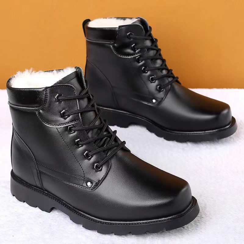Leather Wool Warm Cotton Shoes Plus Velvet Cowhide Cotton Shoes Men's Cotton Shoes Anti-ski Boots Thickened Martin Boots On Behalf Of