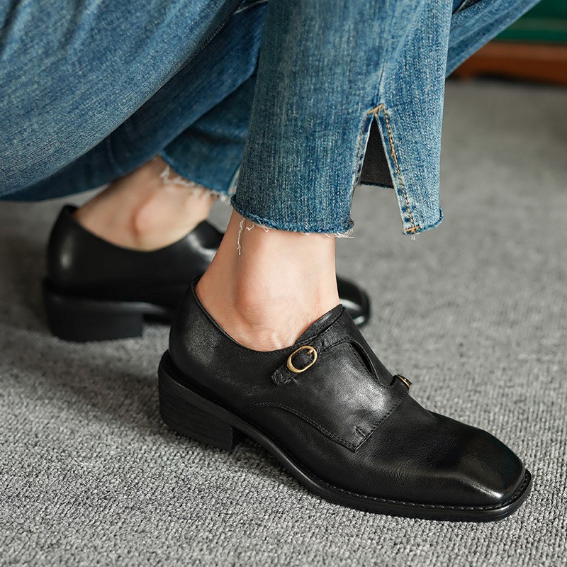 Spring And Autumn Retro Chunky Heel Loafers Square Toe Deep Mouth Mid-heel Single Shoes