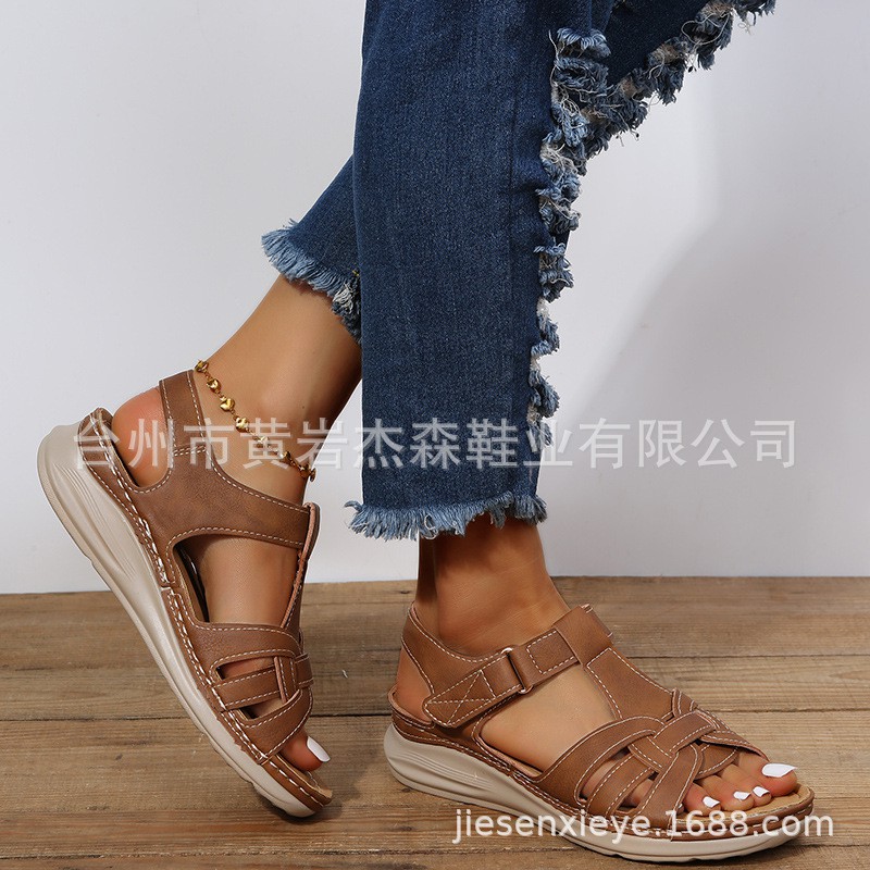 New Cross-border Special For 2022 Amazon 43 Plus Size Women's Shoes Hollow Wedge With Velcro Platform Sandals Women