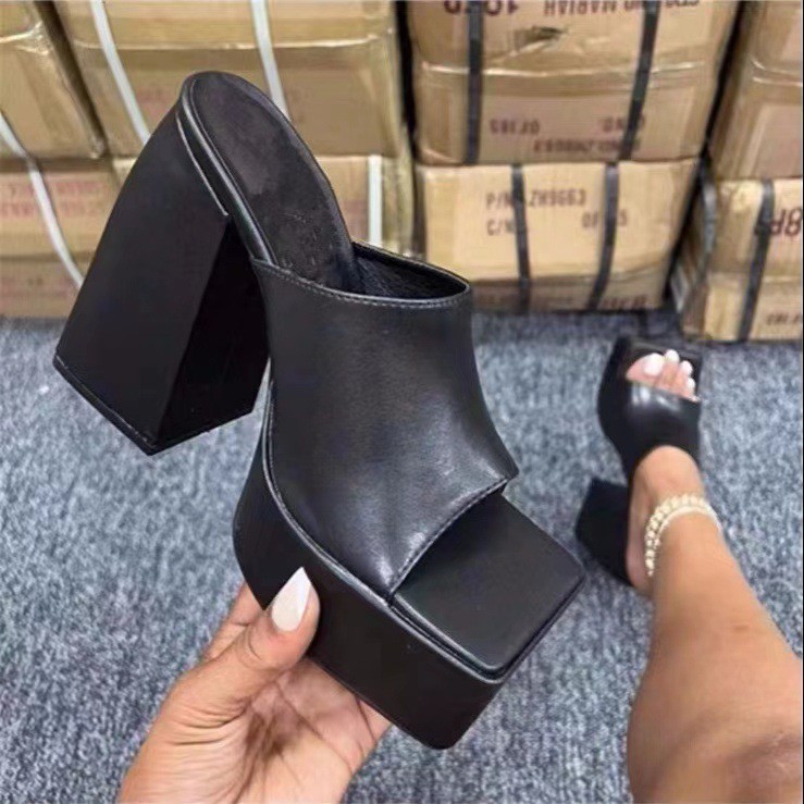 2022 Autumn Cross-border Large-size Sandals Women's High-heeled Fashion Print Square Root Open-toed Sandals AliExpress New Women's Shoes