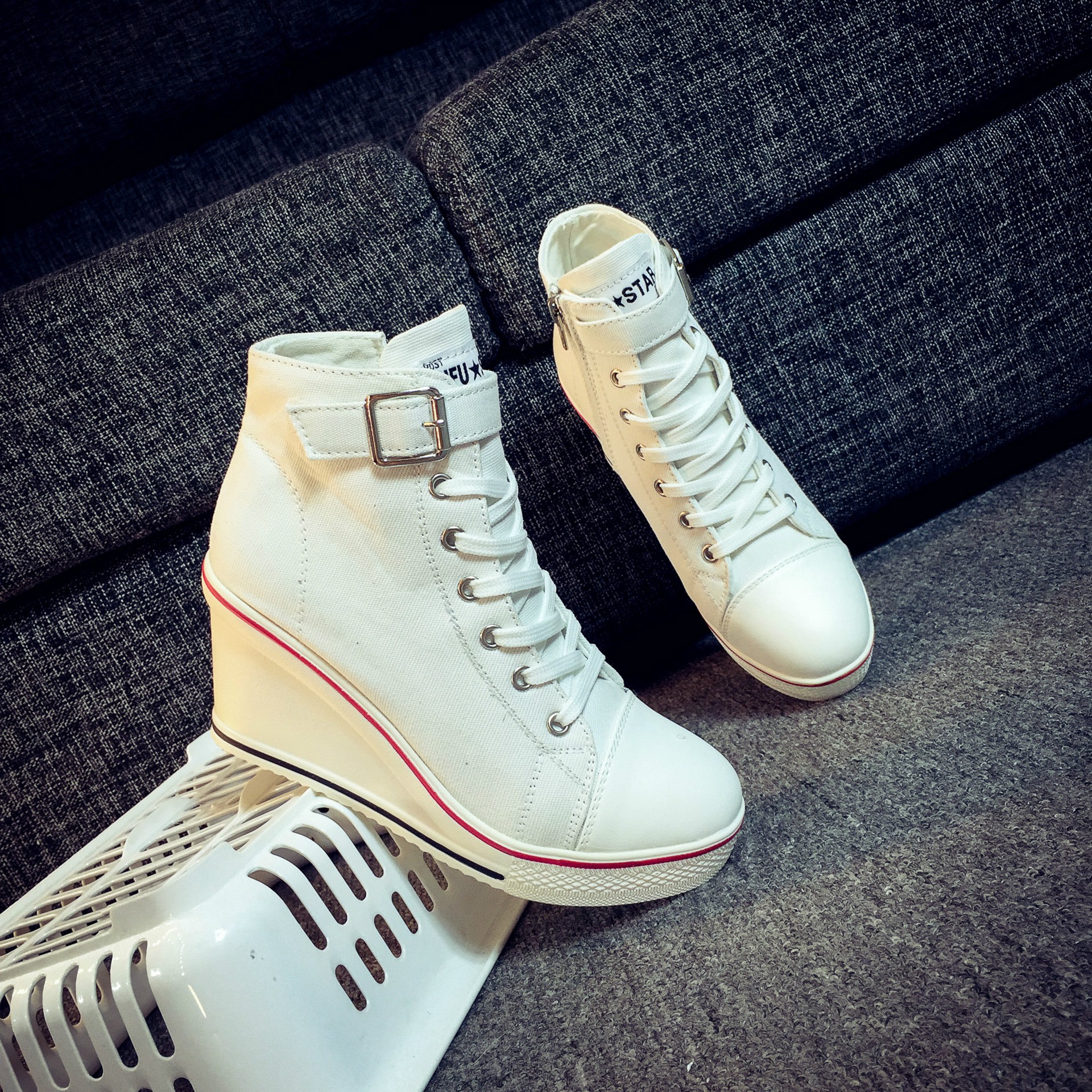 2022 New Spring And Autumn Side Zipper 8 Cm Heightened Thick Bottom Wedge High Top Canvas Shoes Women's Muffin Heel Casual Shoes