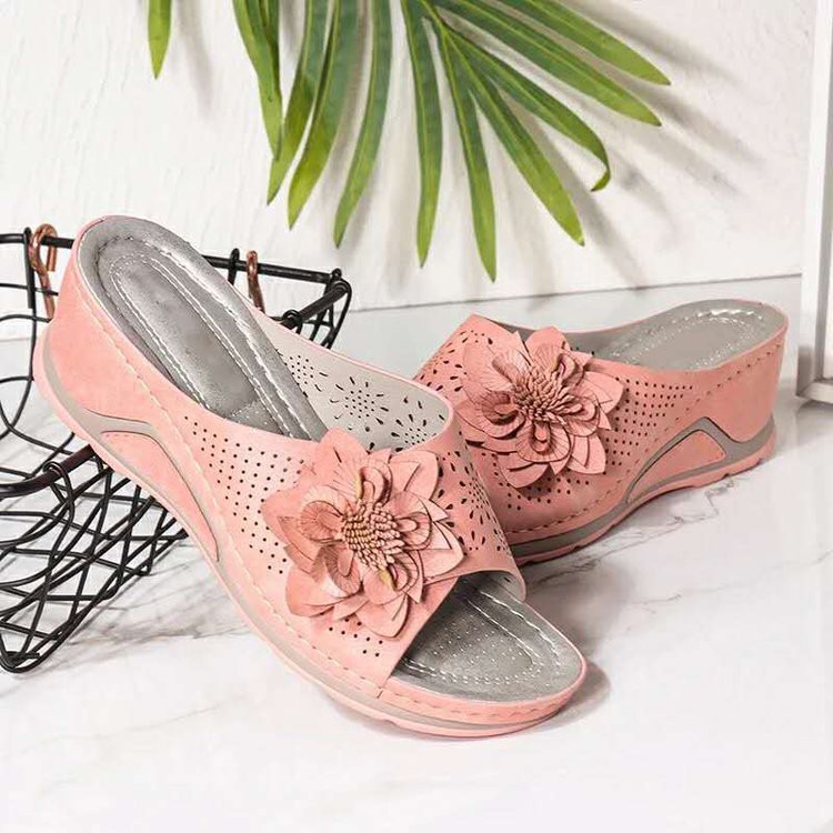 Amazon Women's Shoes 2021 Summer Large Size Wedge Heel Casual Flower Outer Wear Slippers Women's Slipper