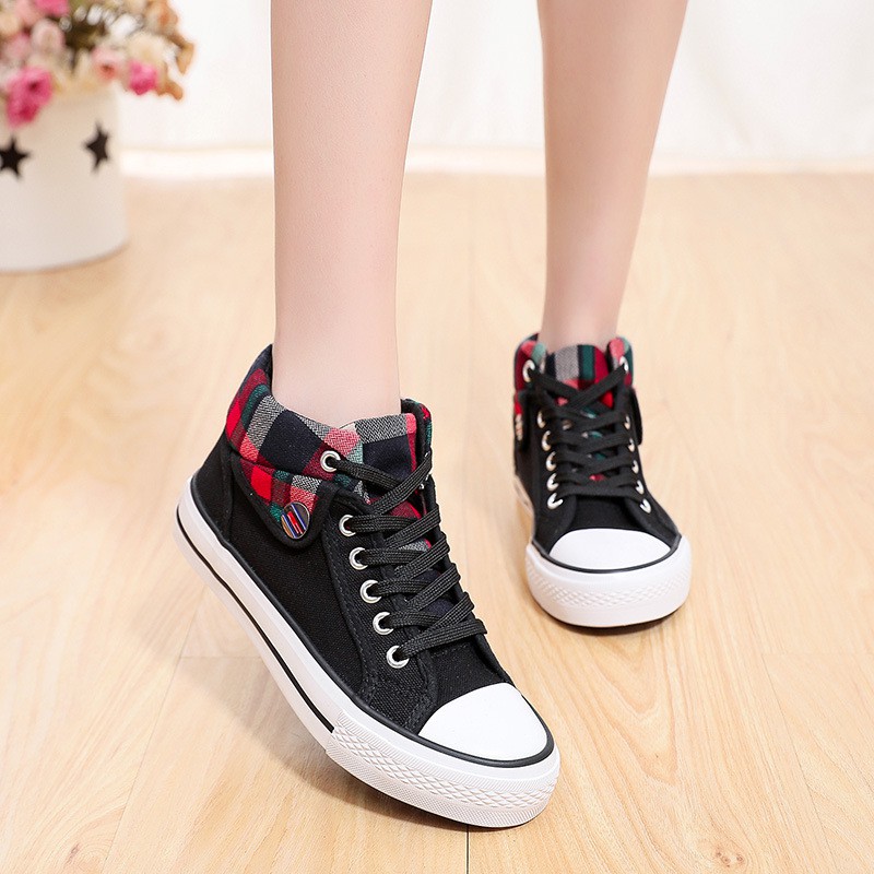 2022 Spring And Autumn New High-top Canvas Shoes Women's Shoes Korean Version All-match Female Casual Students Plaid Shoes Trendy Shoes