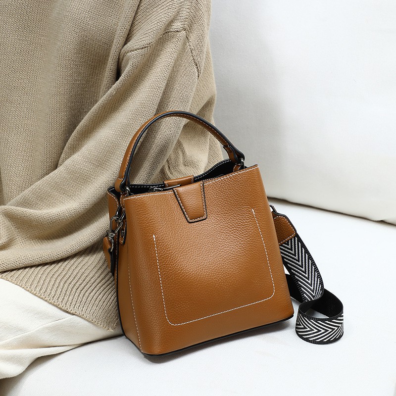 Genuine Leather Cowhide Bucket Bag Female 2021 New Fashion Casual One-shoulder Handbag Diagonal Bag