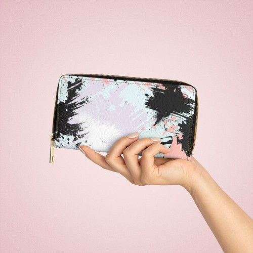 Zipper Wallet, White & Peach Multicolor Abstract Style Purse