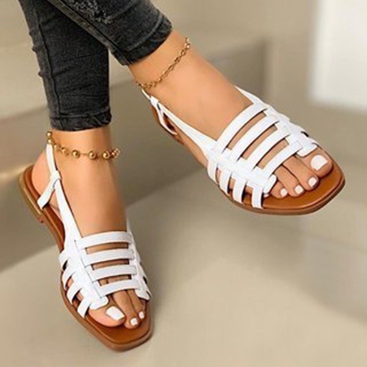 Large Size Roman Thin Strap Cross Sandals Women Flat Bottom 2022 New Simple Low-heel Retro Women's Shoes