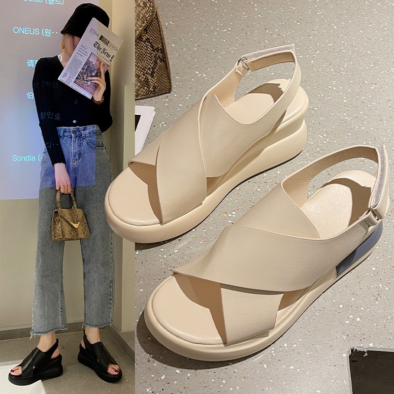 Sandals Women's Summer Korean Version Thick-soled Wedge High-heeled Shoes Women's Velcro Casual Fish Mouth Sports Sandals