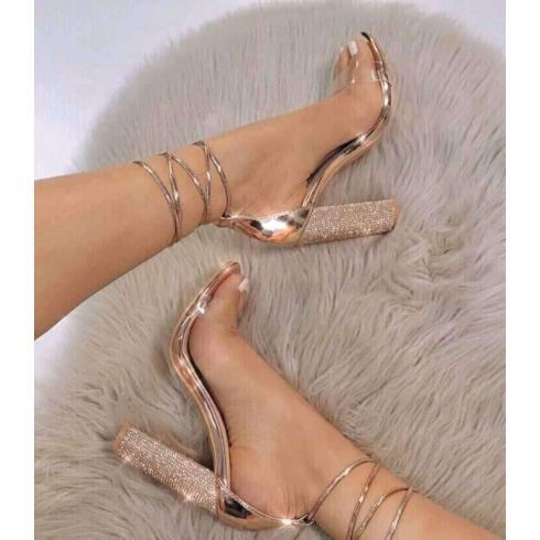 High-heeled women's shoes rhinestones thick with straps with transparent sandals