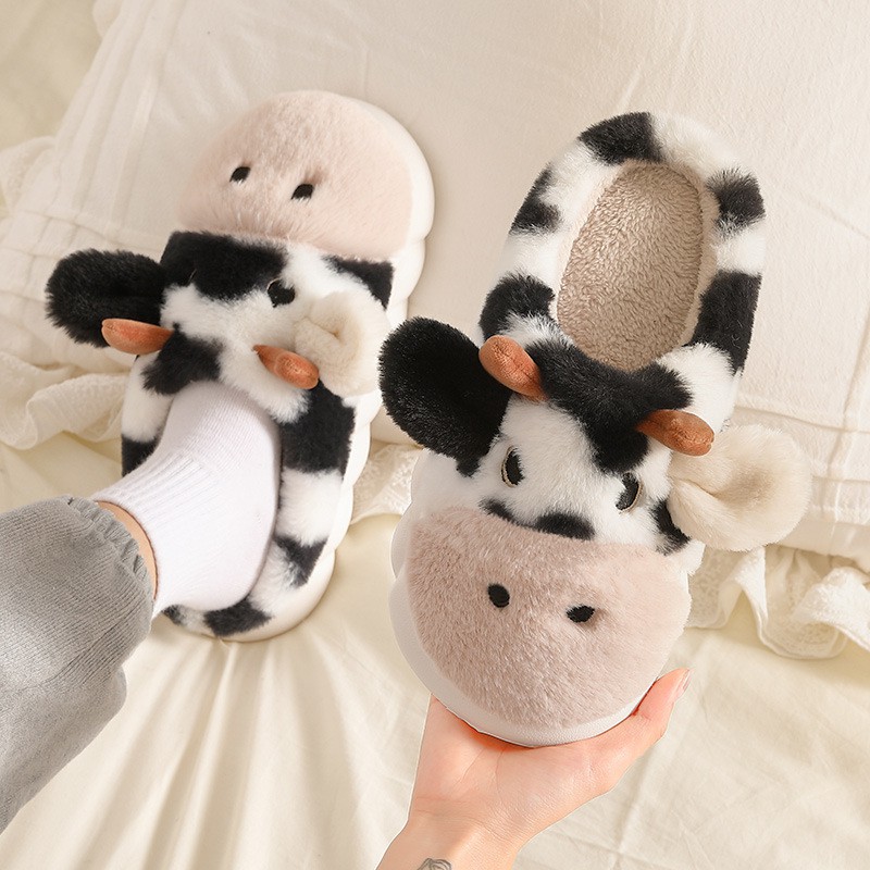 New Cow Cute Cotton Slippers Women's Winter Home Non-slip Thick Bottom All-inclusive With Warm Plush Velvet Confinement Shoes