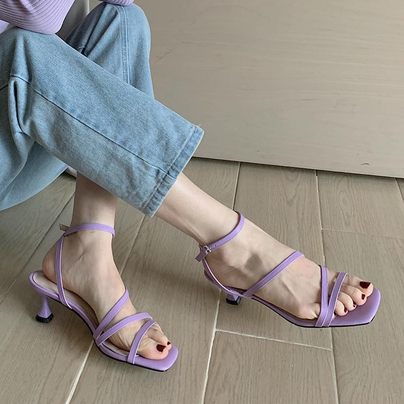 Stiletto Sandals Female Fairy Style 2022 New Summer Gentle Word With Simple Middle Heel Square Taro Purple High Heels