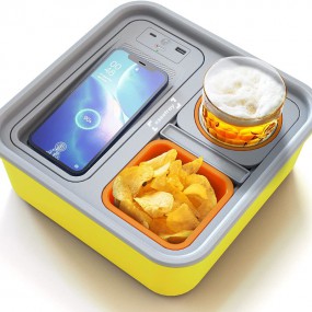 EZEETRAY Cup Holder YELLOW Tray with Wireless charging port, Couch Tray with Cup Holder Sofa Drink Snack Tray, Couch Arm Table, Self Balancing Console for Sofa, Couch, Bed, Car, Beach, Video Games